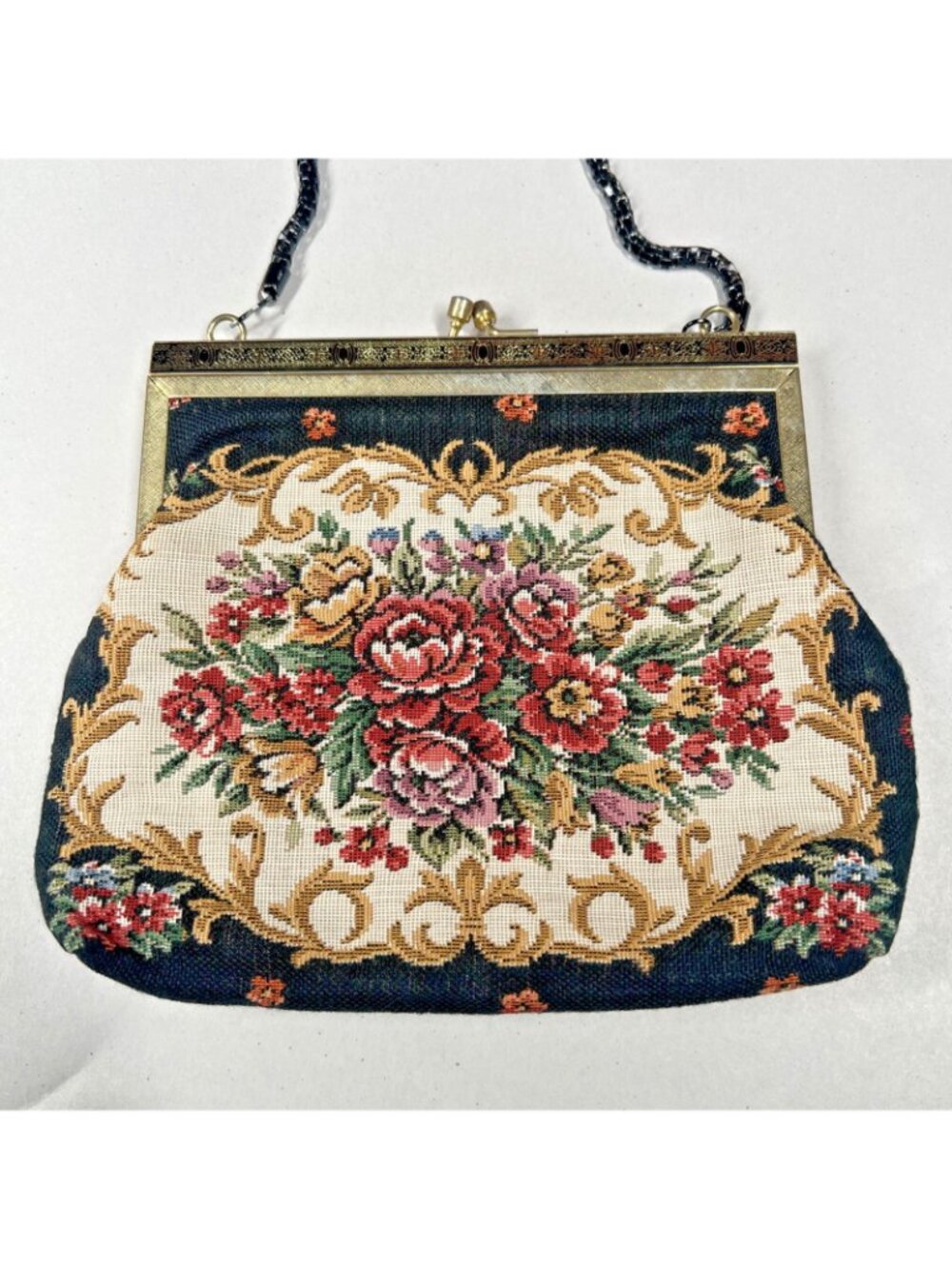 Vintage Floral Needlepoint Tapestry Evening Bag Black Chain Purse AS IS - Picture 3 of 13